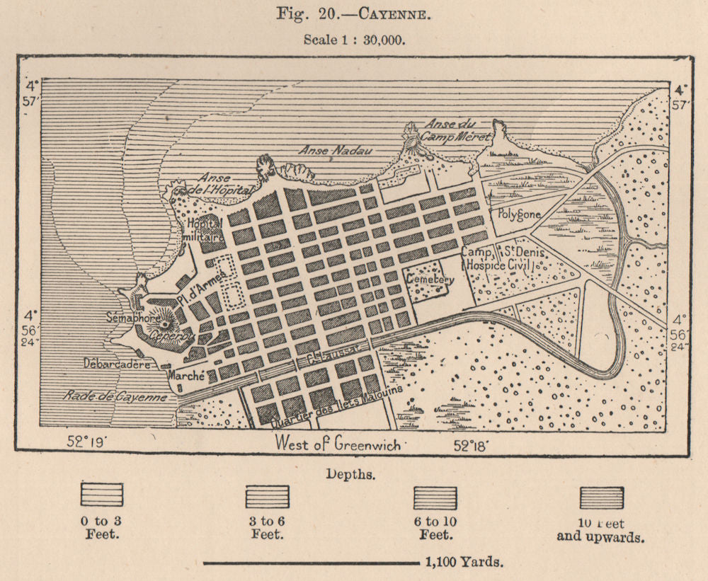 Cayenne. French Guiana 1885 old antique vintage map plan chart